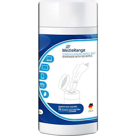 White canister with blue text, MediaRange Screen Cleaning Wipes. Image of a hand pulling a cleaning wipe from the dispenser.