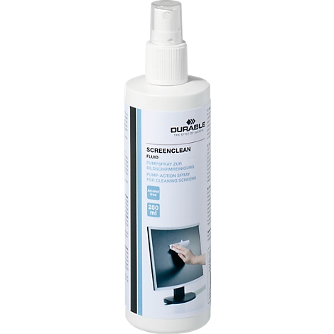 White spray bottle with DURABLE logo, SCREEN CLEAN lettering and a picture of a monitor. 250 ml.
