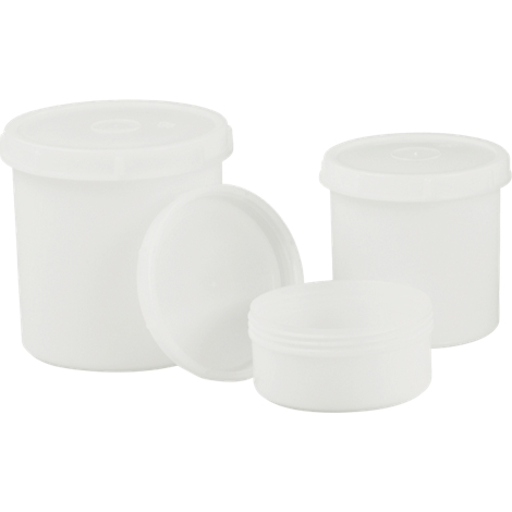 Various white plastic containers with lids, partially opened. The background is white.