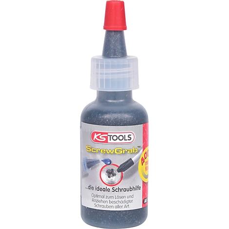 Een fles schroefdraadborgmiddel met een rode dop. Opschrift: KSTOOLS ScrewGrab. Tekst: De ideale schroefhulp.
