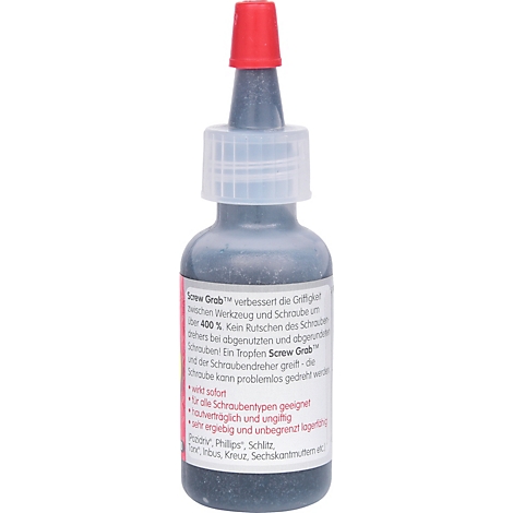 Kleine fles met rode dop en etiket. Tekst op het etiket: Screw Grab verbetert de grip.