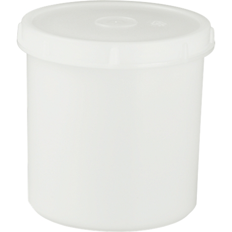 A white, cylindrical container with a lid. The surfaces are smooth.