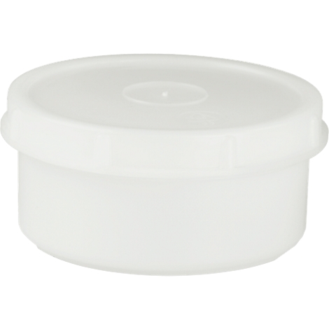 White, round container with lid, against a neutral background. The plastic container has a slightly rounded shape.
