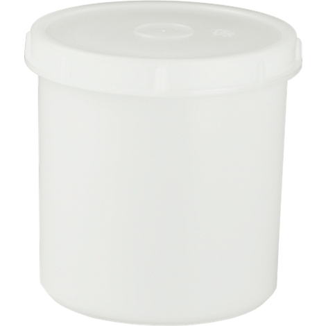 White, round container with lid. Plastic, smooth surface, neutral background.