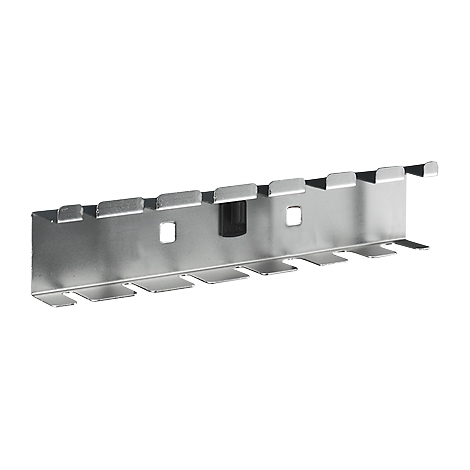 Metal holder with recesses and holders. The grey holder has a rectangular shape and some openings.
