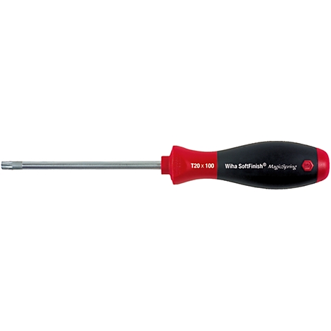 Screwdriver with red and black handle, T20x100 marking.