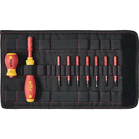 Screwdriver set in a black case, red and yellow handles. 'Wiha' logo.