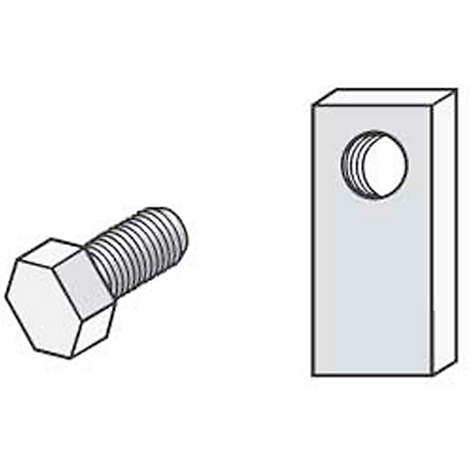 A screw and a perforated plate. The screw has a hexagonal head, the perforated plate has a round hole.