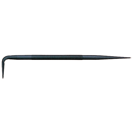 Black metal hook tool. Hook-shaped at one end, tapering to a point at the other.
