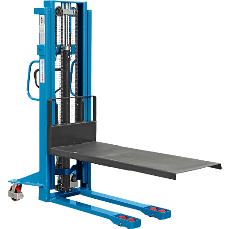 Blue manual forklift. The platform is black, the wheels are red, and the background is white.