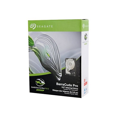 Produktverpackung der Festplatte BarraCuda Pro 3.5" von Seagate. Die Box zeigt das Produkt und hat Schriftzüge wie "BarraCuda Pro" und "3.5" Internal Drive".