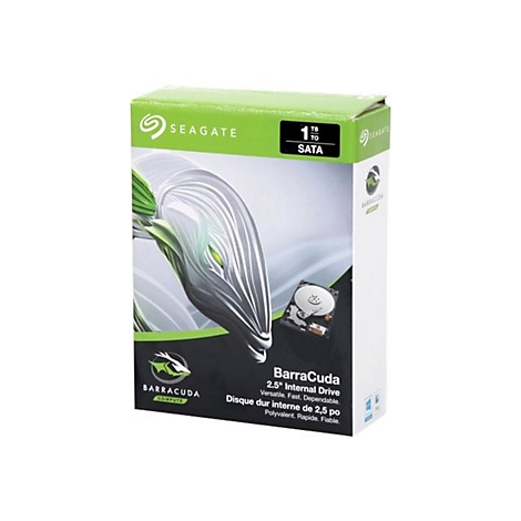Eine Produktverpackung, Seagate Barracuda 2,5-Zoll-Festplatte mit 1 TB und SATA-Anschluss.