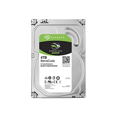 Eine Festplatte mit Metallgehäuse. Auf der grünen und schwarzen Oberfläche stehen "SEAGATE", "BarraCuda" und "4TB".