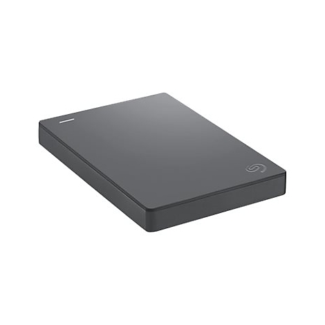 Disque dur externe rectangulaire gris foncé. Logo Seagate, indicateur lumineux.