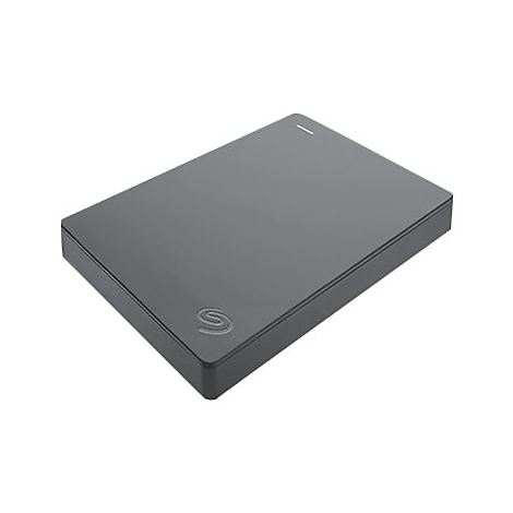 Disque dur externe gris foncé avec logo Seagate. Forme rectangulaire, coins arrondis, surface lisse. Petite LED sur le dessus.