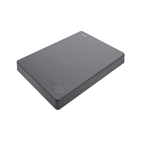 Disque dur externe gris foncé. Le logo Seagate est visible sur la surface.