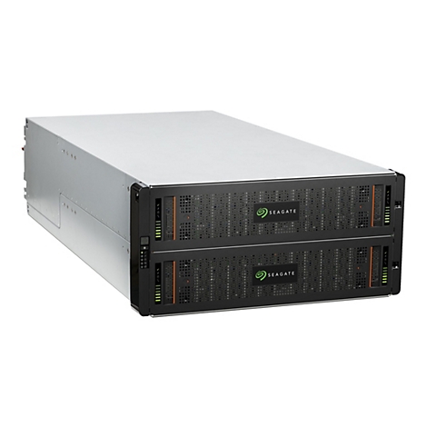Ein silber-schwarzes Server-Rack von Seagate. Zwei übereinander angeordnete Module mit dem Seagate-Logo.