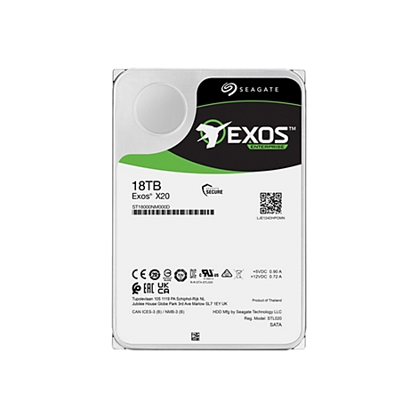 Eine Festplatte mit dem Logo EXOS Enterprise von Seagate. Die Festplatte ist 18 TB groß, mit Logo, Produktinformationen und Zertifizierungen.
