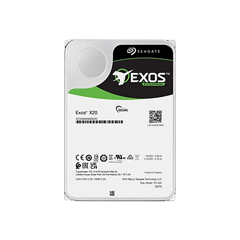 Festplatte Seagate Exos X20 mit schwarzem und grünem Design. Aufschrift Seagate, Exos Enterprise, Modellbezeichnung und Logos.