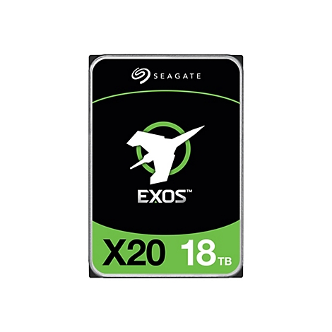 Festplatte Seagate Exos X20 18TB. Schwarzer Hintergrund, weißes Logo, grüne Details.