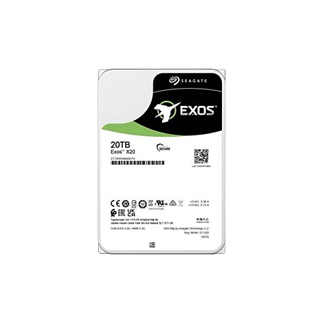 Festplatte von Seagate Exos X20. Schwarz-weißes Gehäuse, 20TB, Logos und Text.