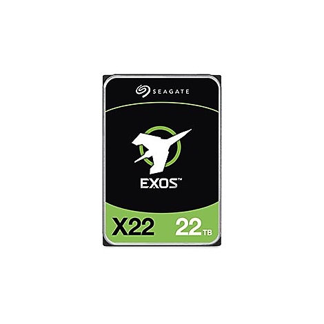 Festplatte von Seagate. Schwarzes Gehäuse mit grünem Logo und Schriftzügen, darunter "EXOS X22 22TB".