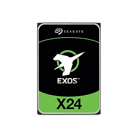 Disque dur Seagate Exos X24, noir avec une bande verte. Logo, "EXOS" et "X24" clairement visibles.