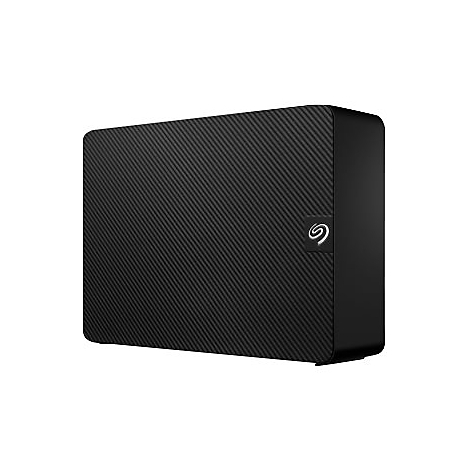 Schwarze externe Festplatte mit diagonaler Textur und Seagate-Logo.