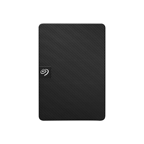 Schwarze externe Festplatte mit diagonaler Textur. Logo.