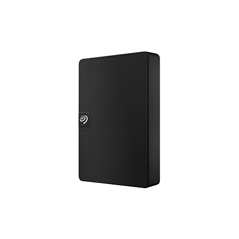 Schwarze externe Festplatte mit texturierter Oberfläche und Seagate-Logo.