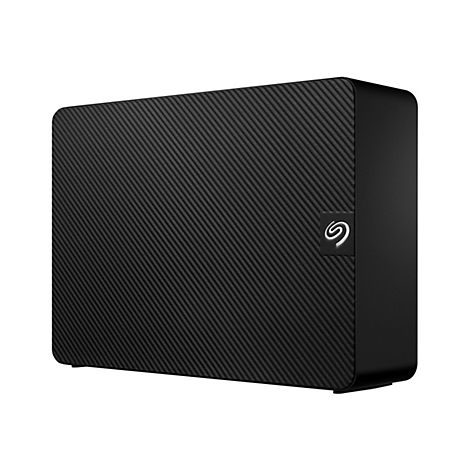 Disque dur externe noir avec une surface texturée. Un logo est apposé sur le côté.