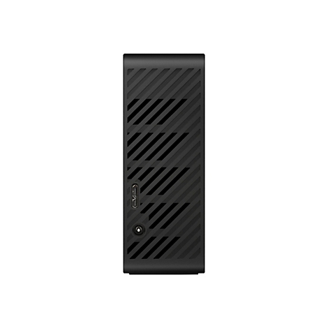 Un appareil noir et rectangulaire avec une surface diagonale et nervurée. Il y a des ports sur un côté.