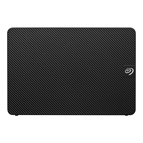 Schwarze, rechteckige Festplatte mit diagonalen Linien, Seagate-Logo rechts unten.