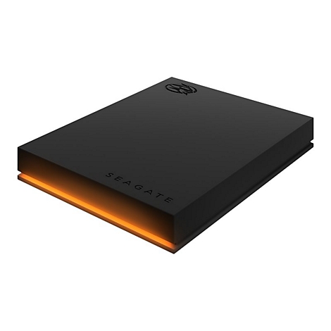 Schwarze externe Festplatte mit Seagate-Logo. Der untere Rand leuchtet orange.