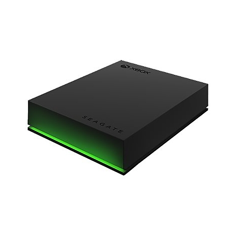 Disque dur externe noir pour Xbox avec lueur verte et logo Seagate.