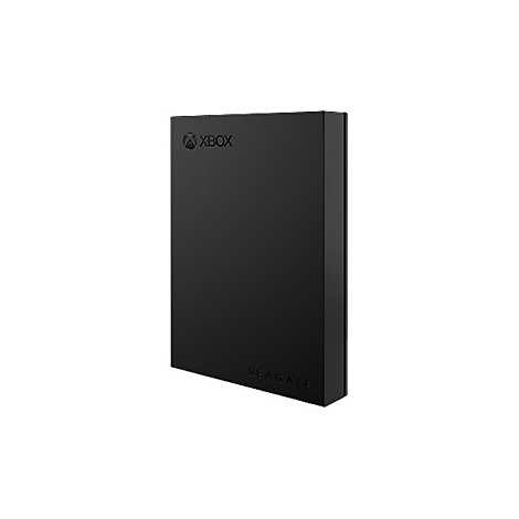 Schwarze externe Festplatte für Xbox. Xbox Logo oben links, Seagate Logo unten.