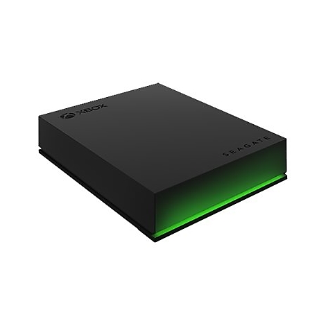 Schwarze externe Festplatte für Xbox von Seagate mit Xbox-Logo und grüner Beleuchtung.