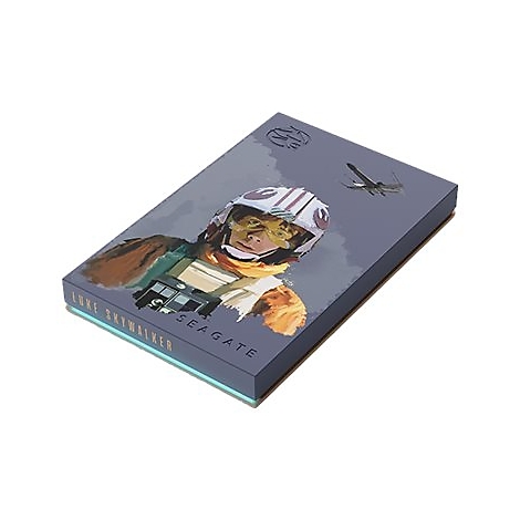 Un disque dur avec un design Luke Skywalker. Luke dans un casque de pilote est représenté sur le couvercle, à côté d'un chasseur X-Wing. Inscription : Luke Skywalker, Seagate.