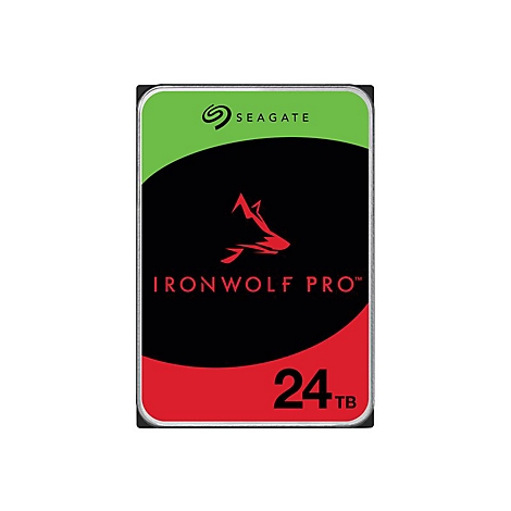 Eine Festplatte mit grünem und schwarzem Label. Auf dem Label stehen 'Seagate', 'Ironwolf Pro' und '24 TB'.