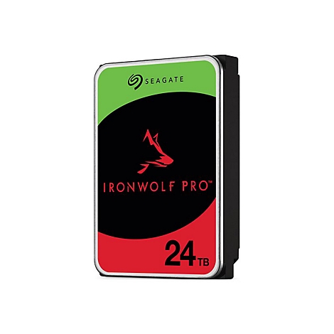 Disque dur Seagate IronWolf Pro, avec logo tête de renard rouge, fond noir et 24 To. Vert en haut.