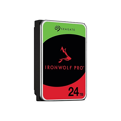 Disque dur Seagate IronWolf Pro avec logo de loup rouge, 24 To. Haut vert avec "Seagate".