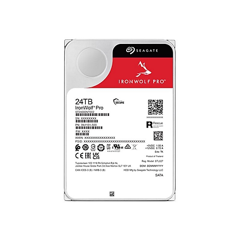 Disque dur Seagate IronWolf Pro 24TB. Boîtier blanc avec étiquette rouge, texte : IronWolf Pro, Seagate, etc.