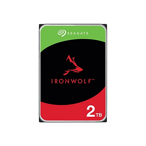 Festplatte Seagate IronWolf, grünes und schwarzes Design, rotes Wolf-Logo, 2TB.
