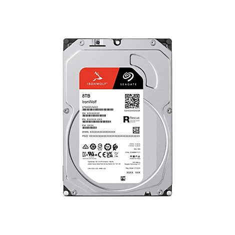 Festplatte mit rotem IronWolf-Logo und Seagate-Logo. Beschriftet mit 8TB, Seriennummern und Produktinformationen.