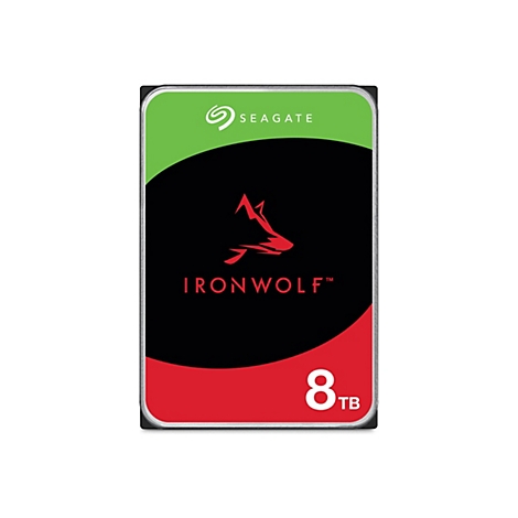 Festplatte Seagate IronWolf, grüner und schwarzer Hintergrund, rotes Wolf-Logo, Schriftzug IRONWOLF und 8TB.