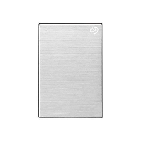 Disque dur externe rectangulaire argenté avec bord noir. Logo Seagate en haut à droite.