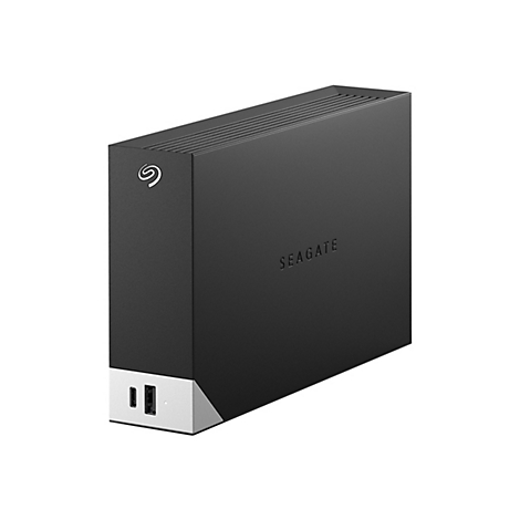 Disque dur externe noir avec logo Seagate. Boîtier avec fond argenté et connecteurs.