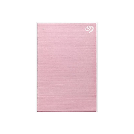 Disque dur externe rose clair, logo Seagate, cadre argenté.