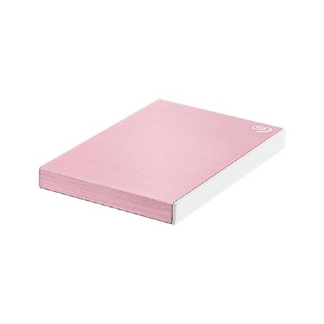 Disque dur externe rose clair avec bord blanc et logo Seagate.