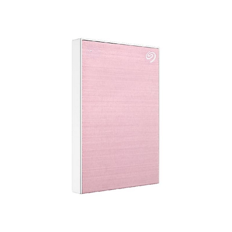 Disque dur externe rose avec cadre blanc, logo Seagate en haut à droite.